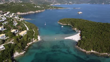 Approaching-Aerial-of-Bella-Vraka-and-Formigari-Syvota-Beach,-Mourtemeno,-Greece