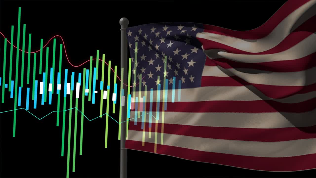 Audio pulse starting, US flag waving, bars rising, color-shifting, overlapping flag, showing audio