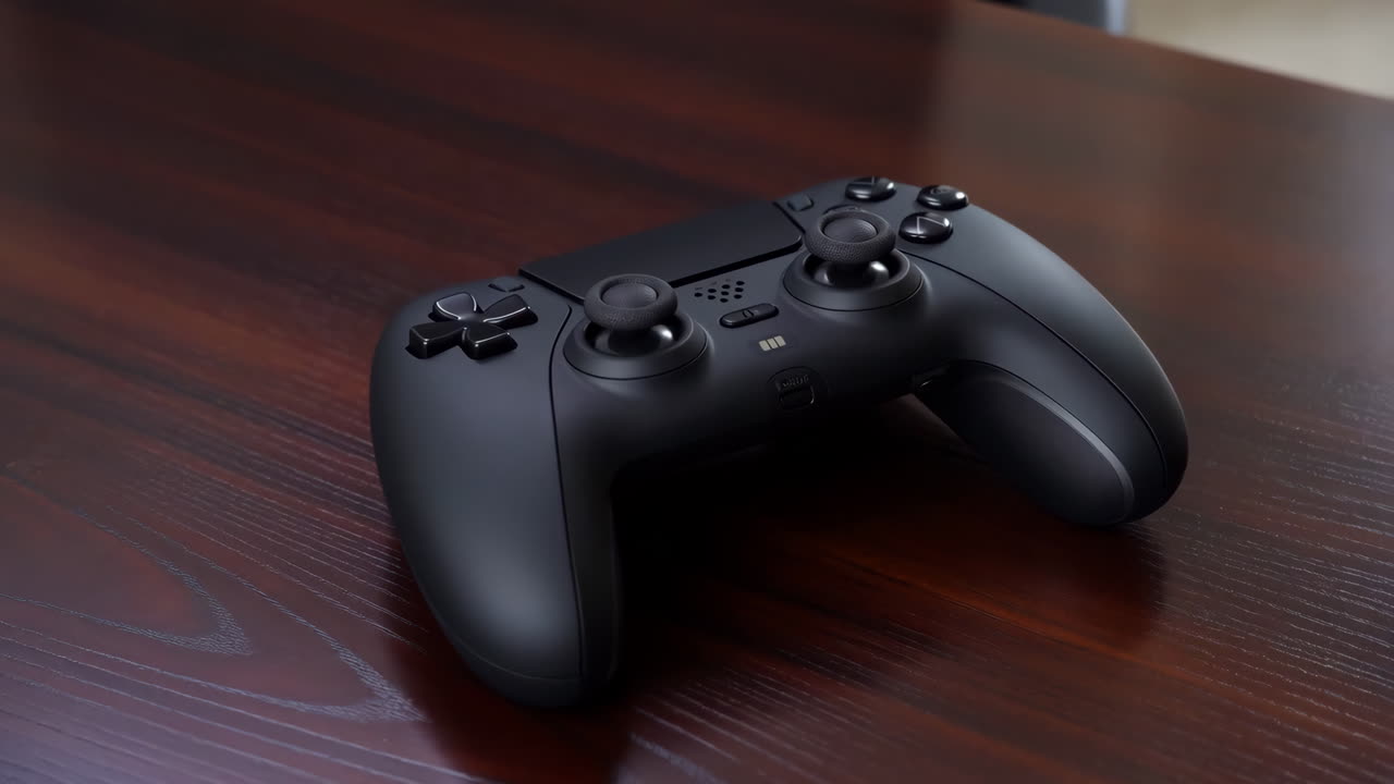 Black Game Controller on a Wooden Table