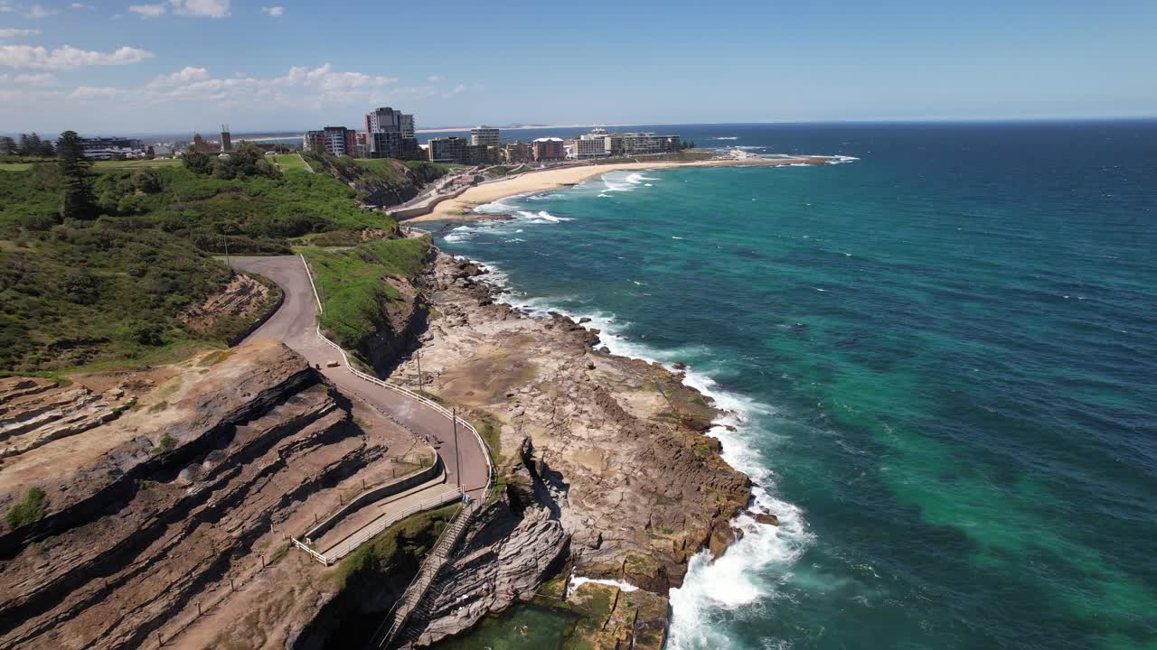 Bogey Hole And Newcastle Beach In New South Wales, Australia - Aerial Drone Shot