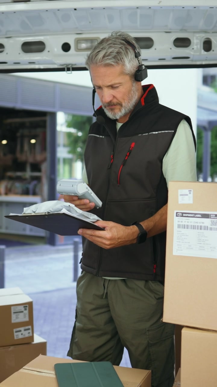 Delivery Driver Scanning Packages in Back of Van