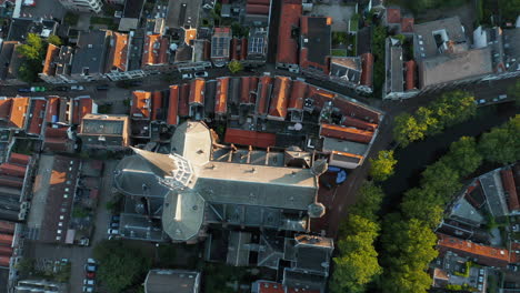 Top-View-Of-The-Church-Spire-Of-Gouwekerk-Near-Gouwe-River-In-Gouda-City,-South-Holland