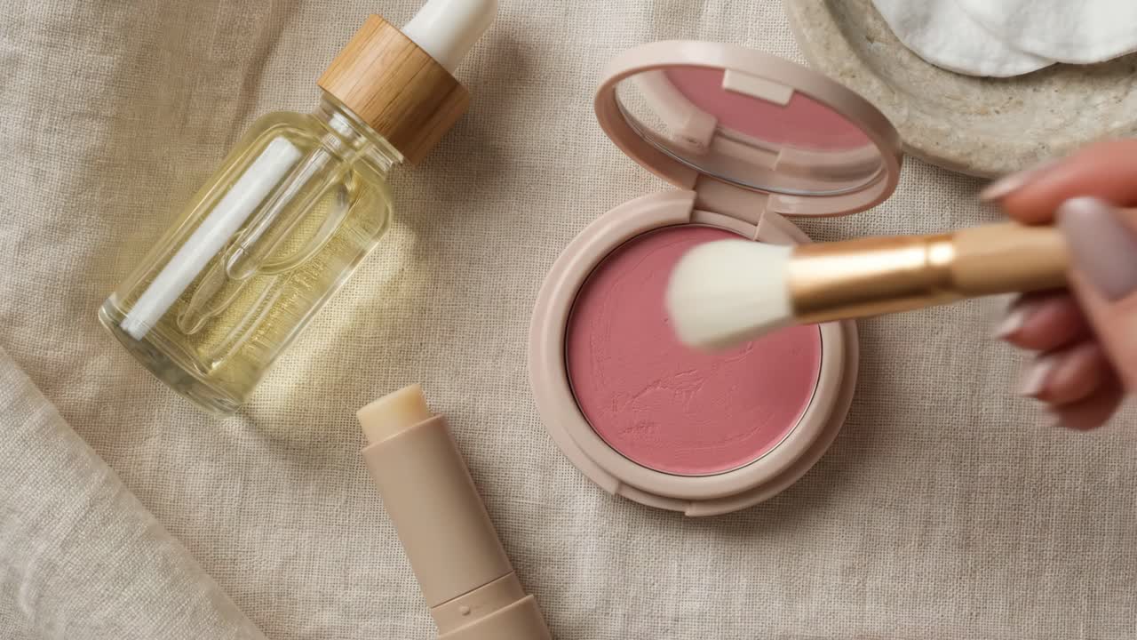 Vista dall'alto di prodotti make-up e skincare con una mano che applica il blush