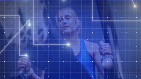 Animation-of-strong-woman-exercising-with-glowing-lines-processing