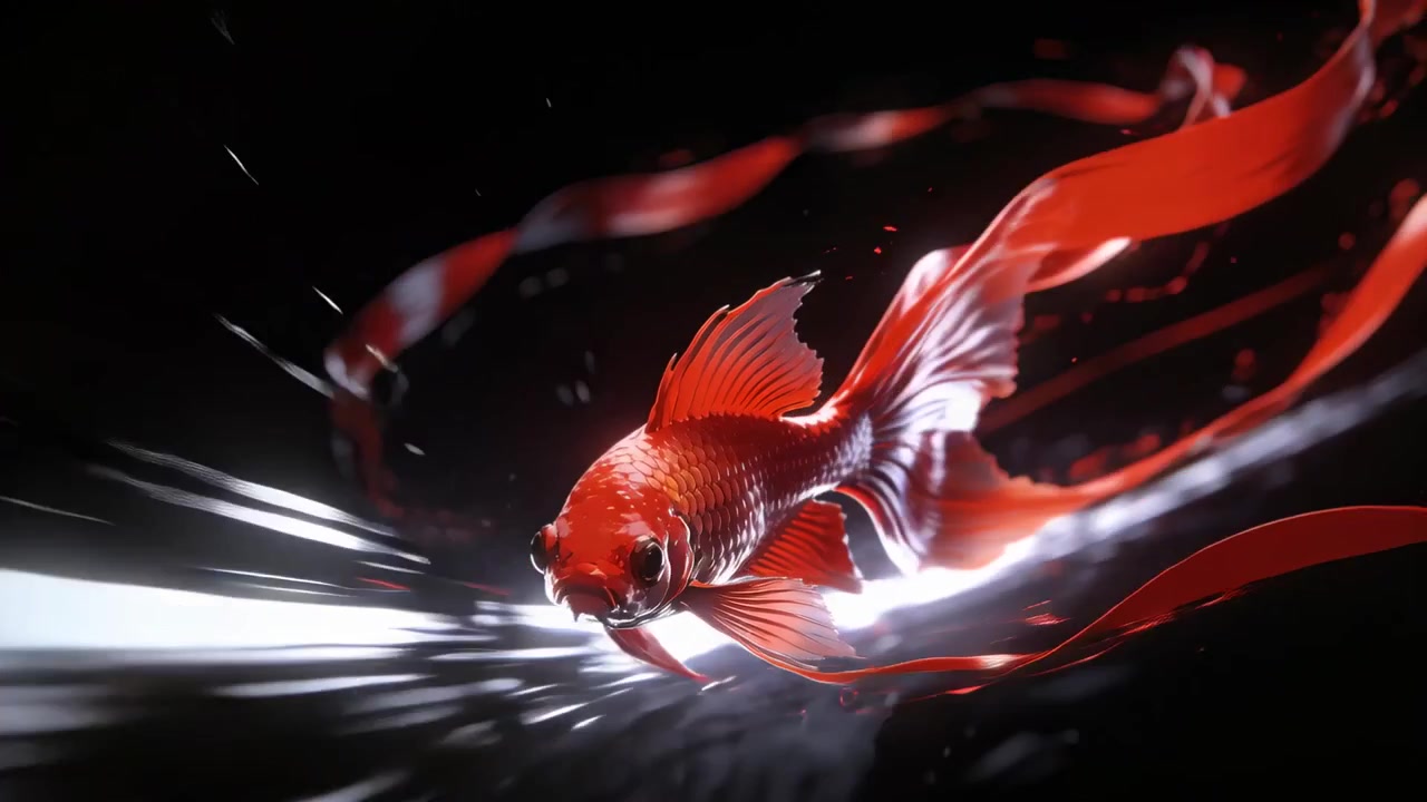 Pesce rosso che scivola, dispiegando lunghe pinne a nastro, in uno studio buio, illuminato da strisce di luce bianca.