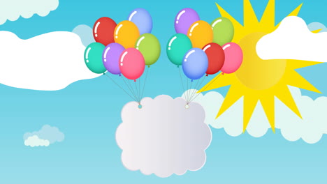 animation of colourful balloons lifting cloud over sun on blue sky