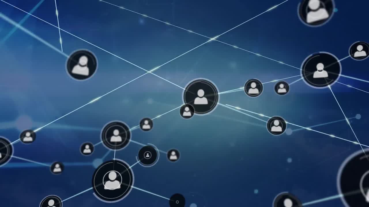 Animation of profile icons and dots interconnecting with lines with circuit board against clouds