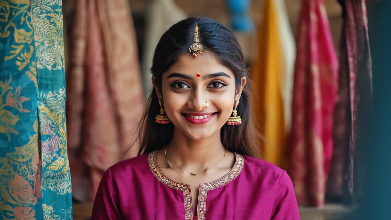 Portrait of a beautiful young Indian woman wearing traditional dress and jewelry, smiling in a textile shop, showcasing the rich colors and textures of Indian fashion and craftsmanship