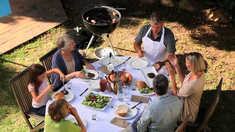 family barbecue meal in the garden