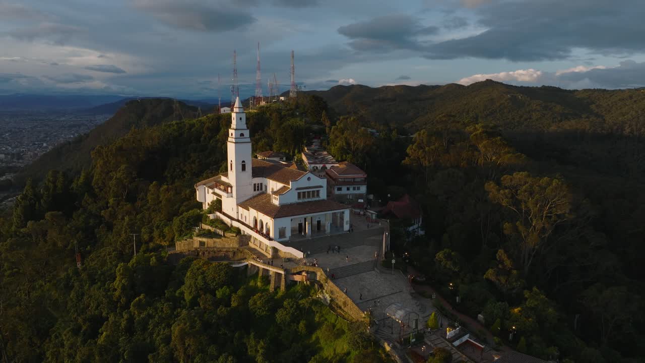 Orbit drone shot around the church of Monserrate in Bogota, Colombia