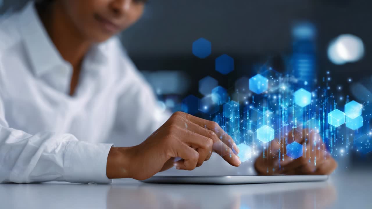A person engaged in digital interaction using a tablet, showcasing an overlay of abstract geometric elements and vibrant technological graphics that represent data processing and innovation