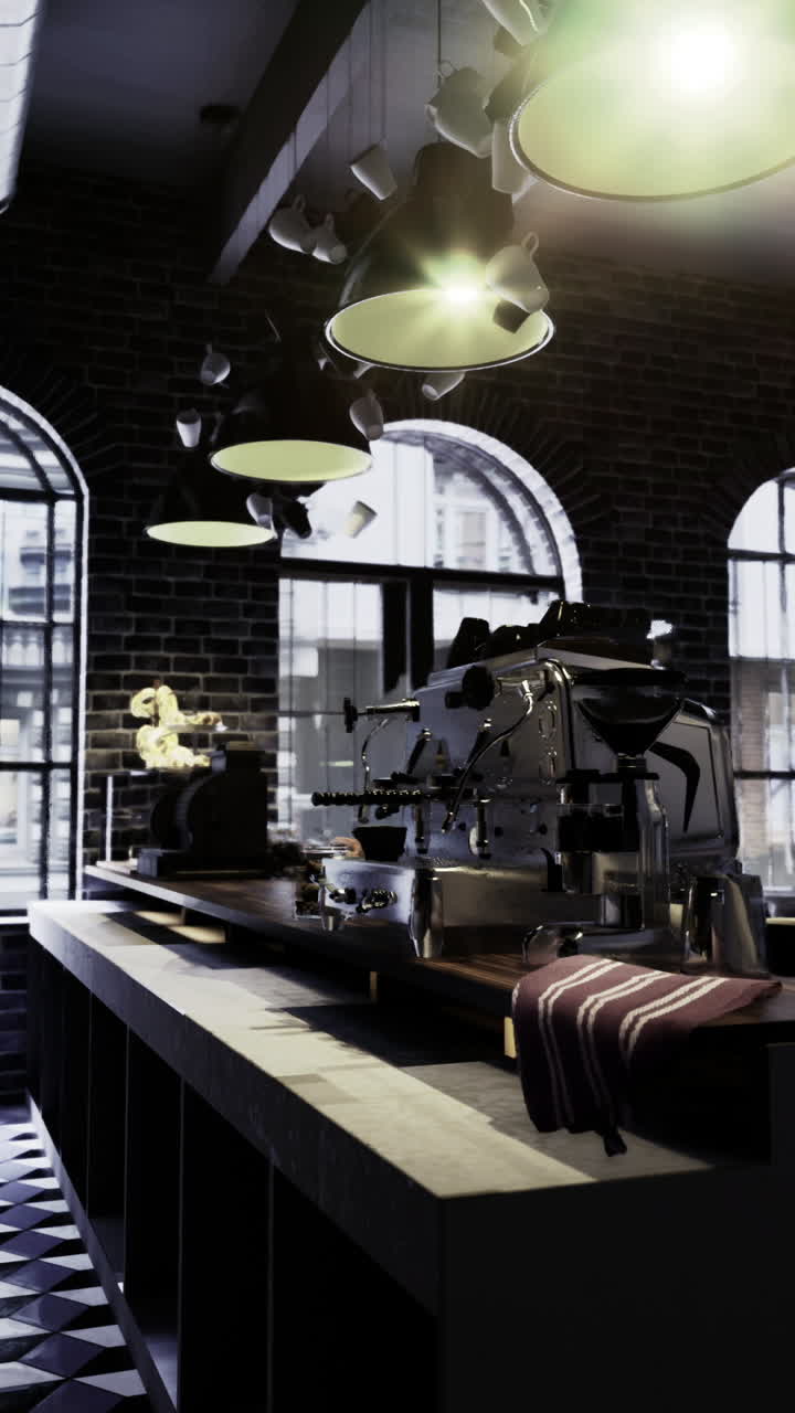 Interni eleganti di un bar moderno con grandi finestre e decorazioni uniche