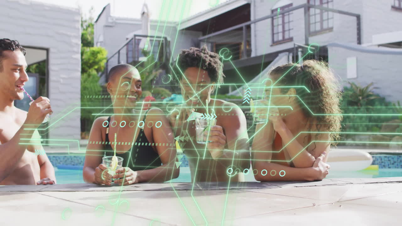 People enjoying drinks by pool with digital network animation overlay