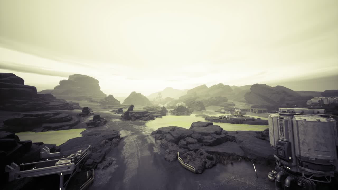 Sunlit rocky valley featuring settlement and distant mountain ridges