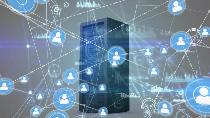 Animation af forbundne ikoner og grafer over et dataserverrack mod en hvid baggrund