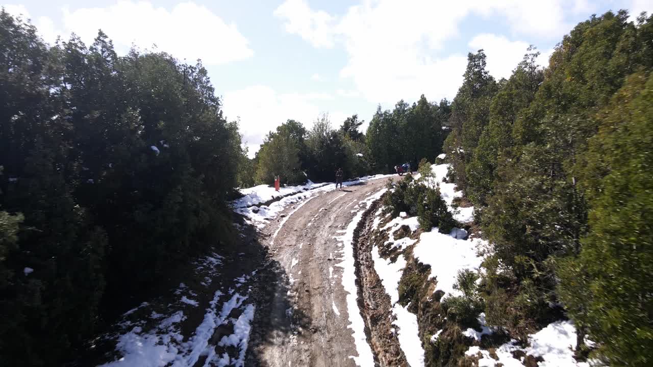 Aerial push out view of dirt road in the middle of the woods in Oncol Park, Chile