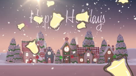 animation of happy holiday text over winter cityscape