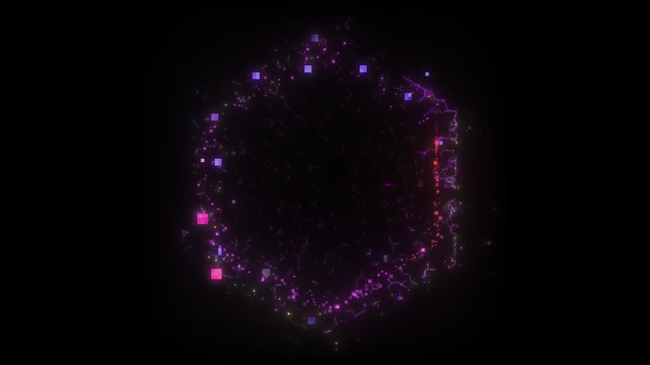 bucle sin costuras. animación de un portal hexagonal violeta que consiste en cuadrados defectuosos y coágulos de energía aislados en fondo negro con alpha luma matte vfx cg 4k. puerta espacial. ciencia ficción. futurista.