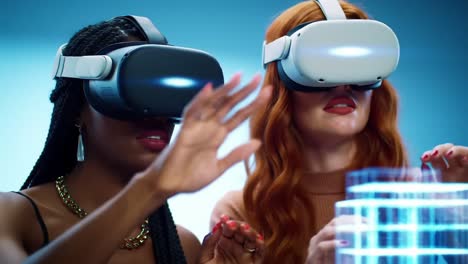 two women engaged in virtual reality experience, wearing vr headsets and interacting with digital interface, exploring cutting-edge technology in a futuristic environment