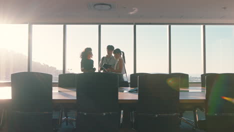 business-people-shaking-hands-consultant-greeting-international-clients-with-handshake-planning-partnership-deal-female-executive-meeting-shareholders-in-corporate-office-at-sunset