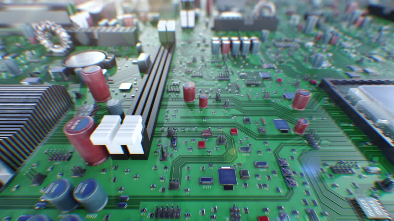 прекрасный полет над платкой и процессорами с размытием. 3d-анимация современной компьютерной материнской платы и процессора. технология и цифровая концепция.