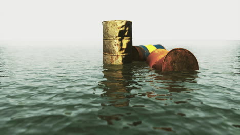 rusty barrels on calm water contrast sharply with the landscape