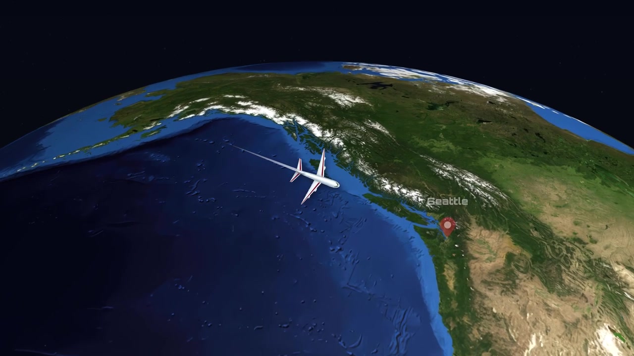 3D globe animation tracking a commercial airplane flight from Seoul to Seattle across Pacific.
