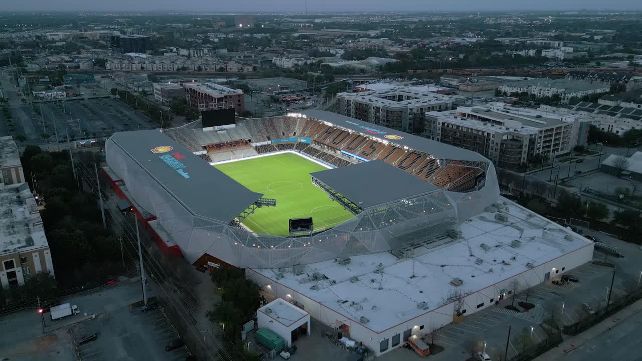 Aerial view around the Shell Energy Stadium, cloudy evening in Houston, Texas, USA