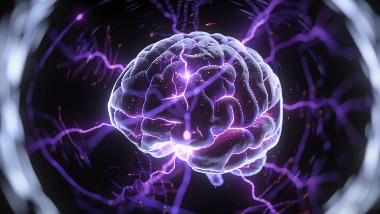 Appearing 3D brain model rotating, sparking purple filaments brightening in ring, emitting sparks