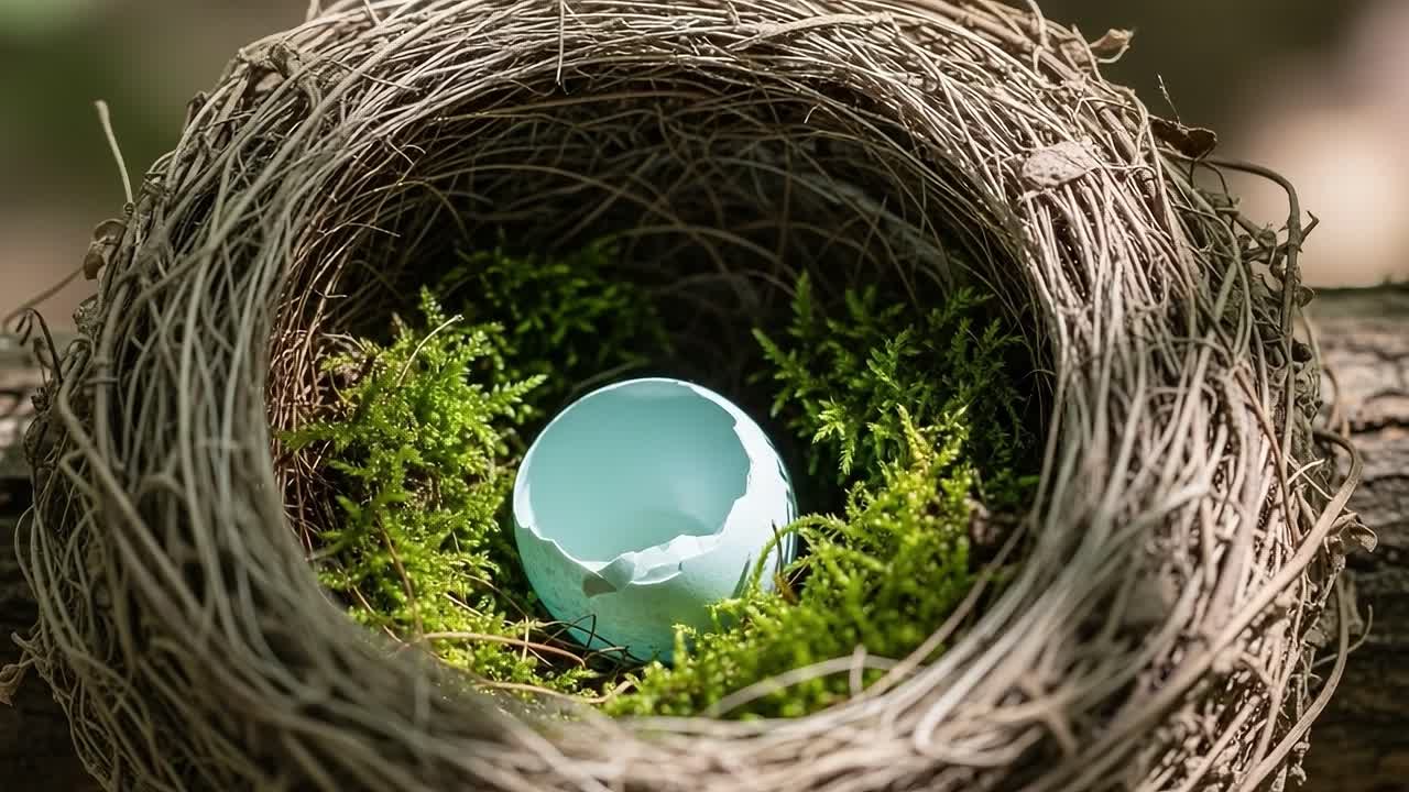 A Beautiful Nest with a Cracked Blue Egg Surrounded by Lush Green Moss, Capturing the Essence of Nature's Tenderness and New Life in a Serene Forest Setting