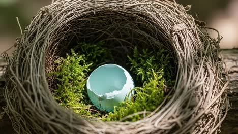 a beautiful nest with a cracked blue egg surrounded by lush green moss, capturing the essence of nature's tenderness and new life in a serene forest setting