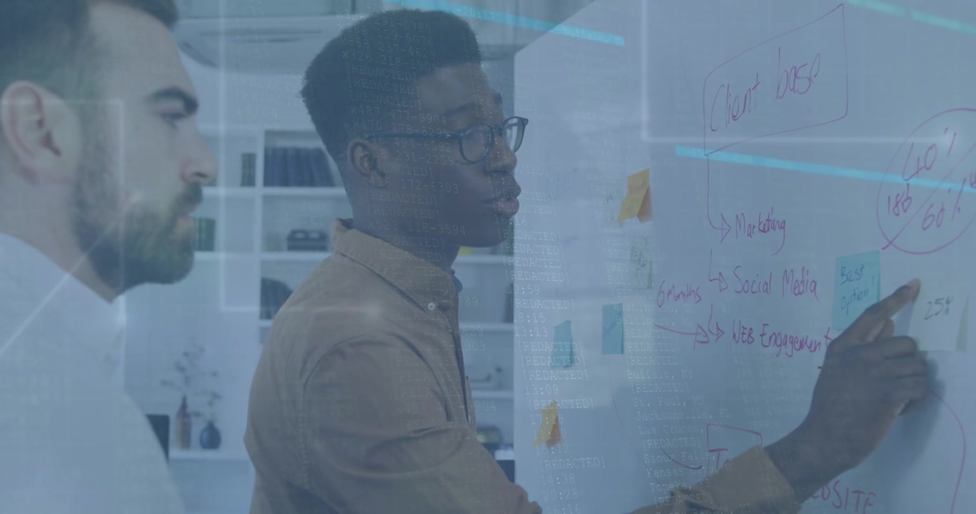 Animation of data processing over diverse business people taking notes