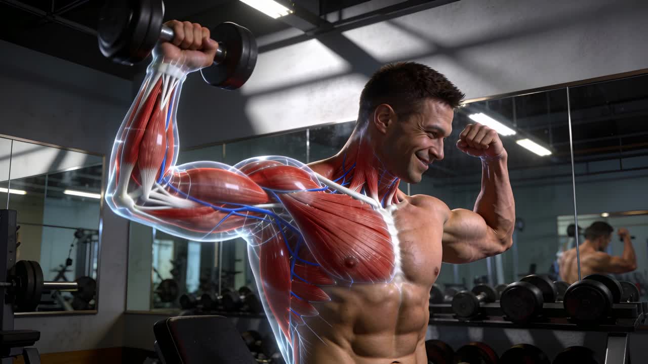 Hombre sin camisa iniciando un levantamiento de mancuernas, alzando la mancuerna derecha en el gimnasio, con una superposición que destaca los músculos pectorales.