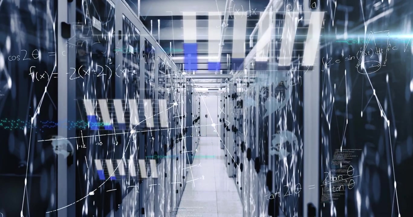 Animation of digital data processing over server room