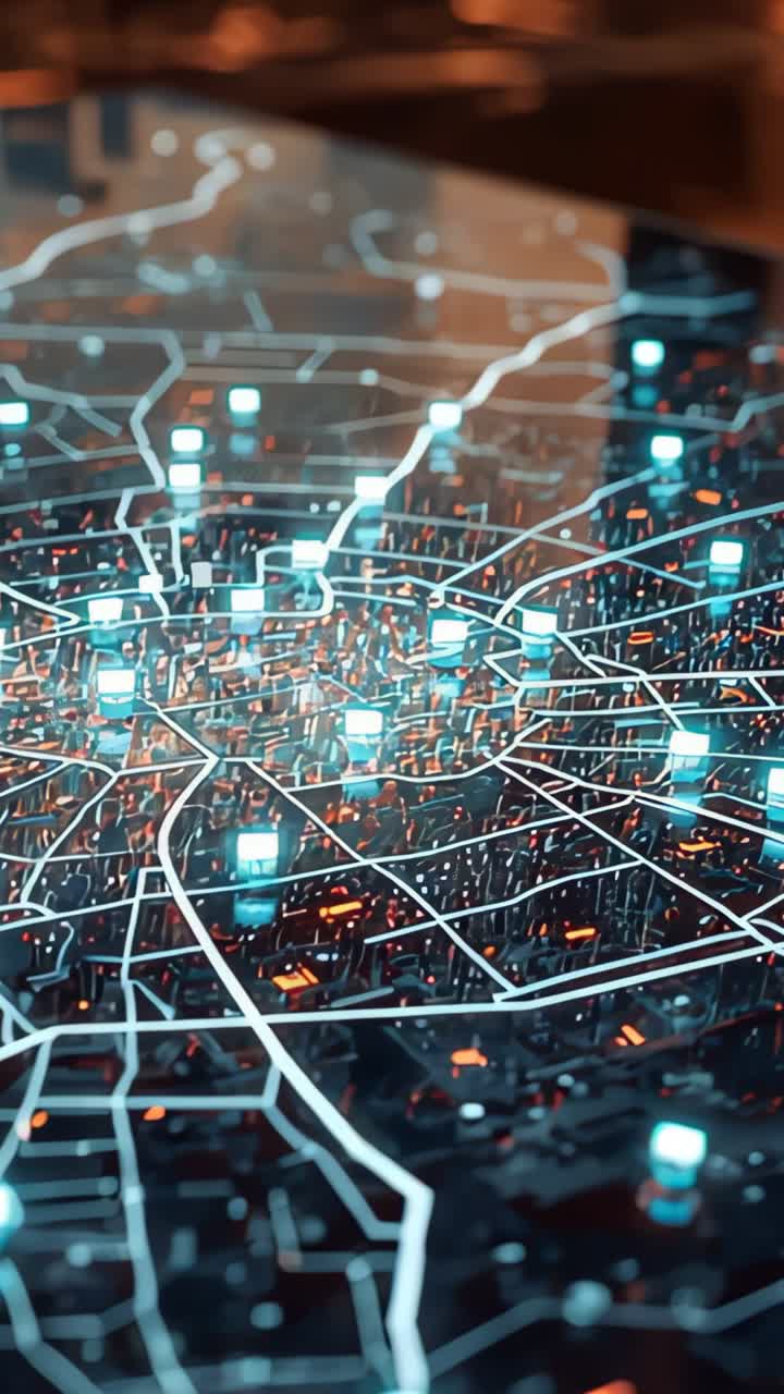 Vertical video: Network hologram activating, rotating and lighting nodes to reveal topology in lab