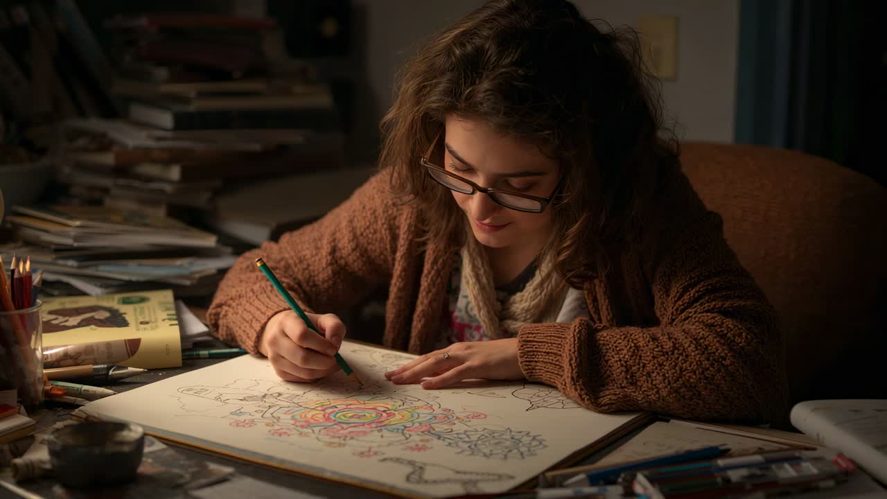Mulher debruçada, de cardigã, colorindo um mandala com lápis verde em um caderno de esboços em casa, adicionando detalhes