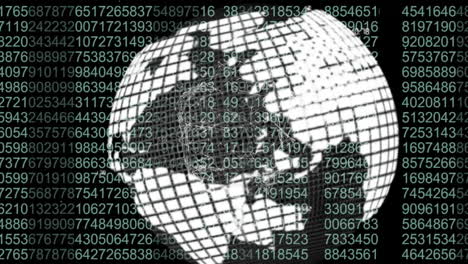 Rotating-globe-with-grid-lines-and-numbers,-data-processing-animation