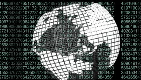 globo giratorio con líneas de cuadrícula y números, animación de procesamiento de datos
