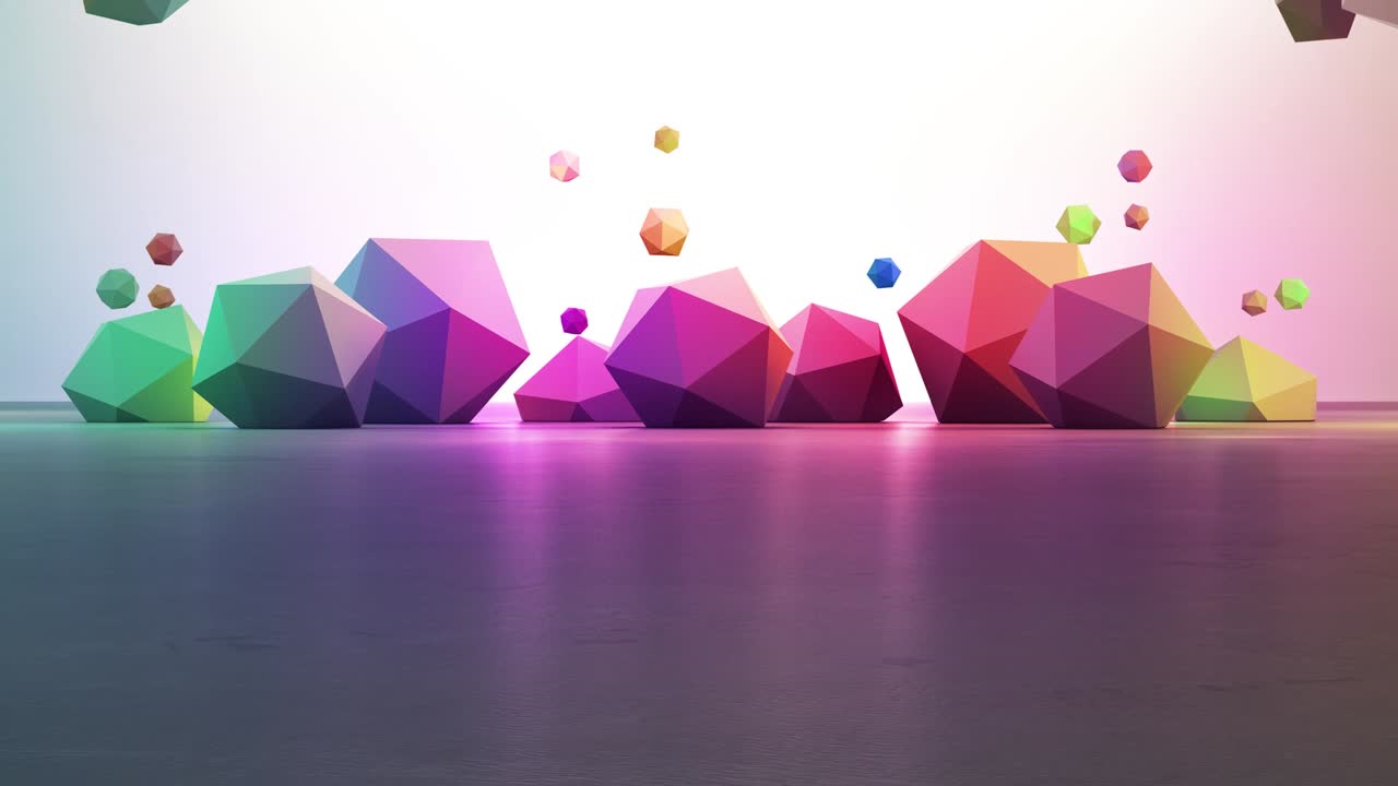 formas geométricas de arco iris en el suelo de hormigón gris con fondo de pared de gradiente en la sala o sala de exposiciones moderna.