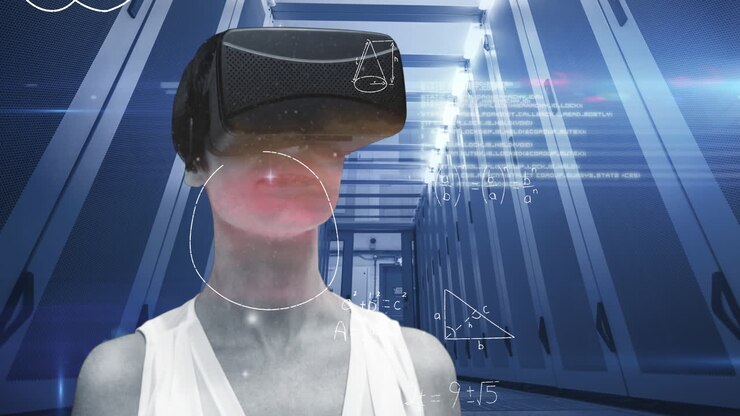 Mathematical equations over woman wearing VR headset in computer server.