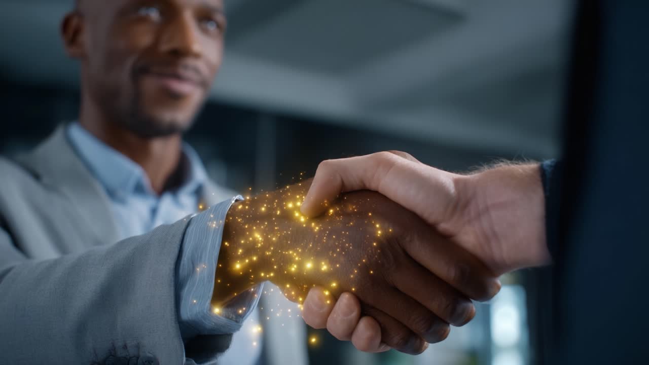 A Symbolic Handshake Representing Partnership and Cooperation with an Enchanting Glow, Emphasizing Trust, Collaboration, and New Opportunities for Success