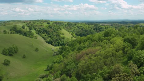 Aerial-shot-trucking-along-above-rolling-hills-of-the-Deliblatska-Pescara-in-Serbia