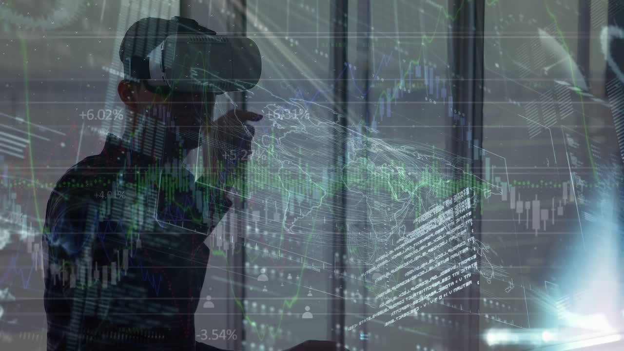 Animation of data processing over caucasian man using vr headset