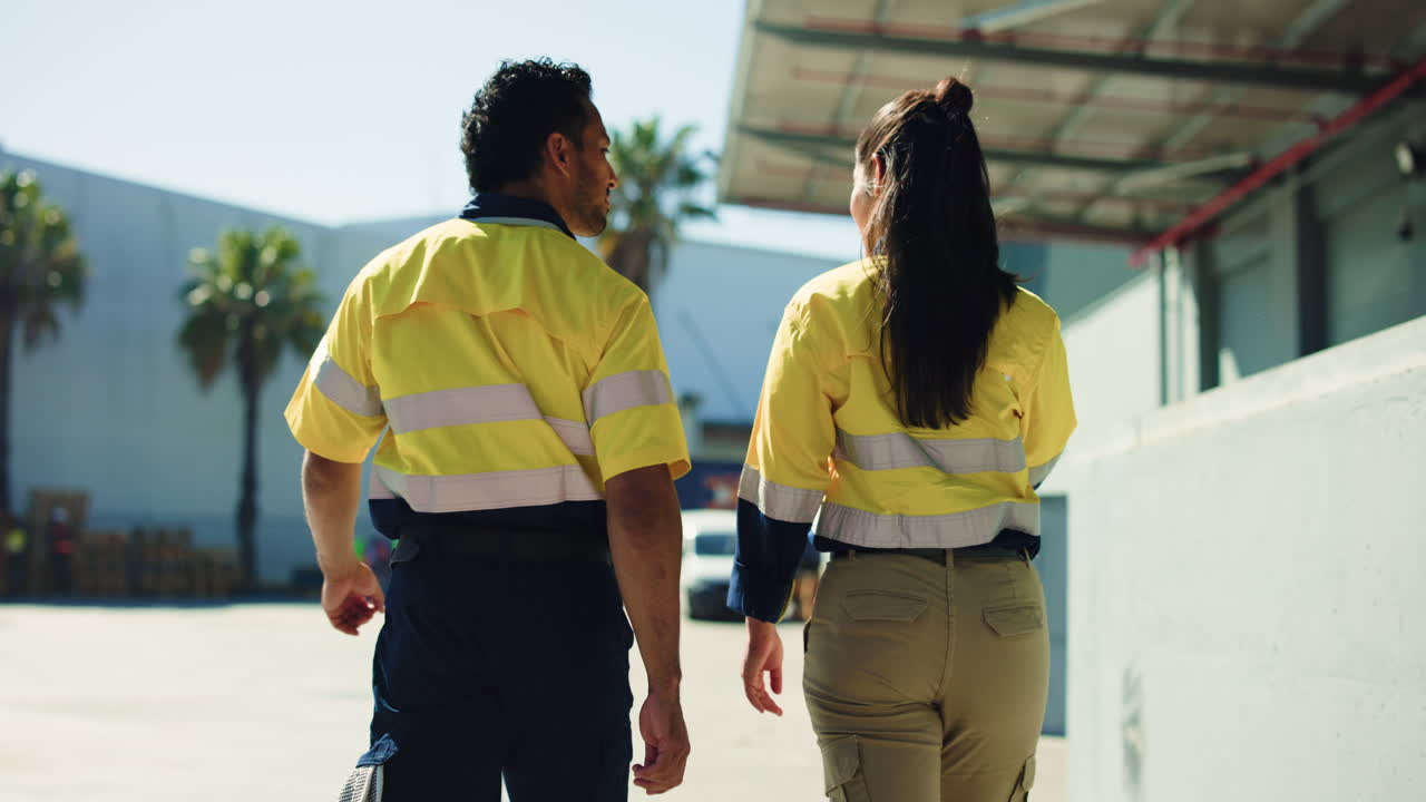 Colegas con chalecos de seguridad amarillos caminando y conversando sobre el trabajo al aire libre