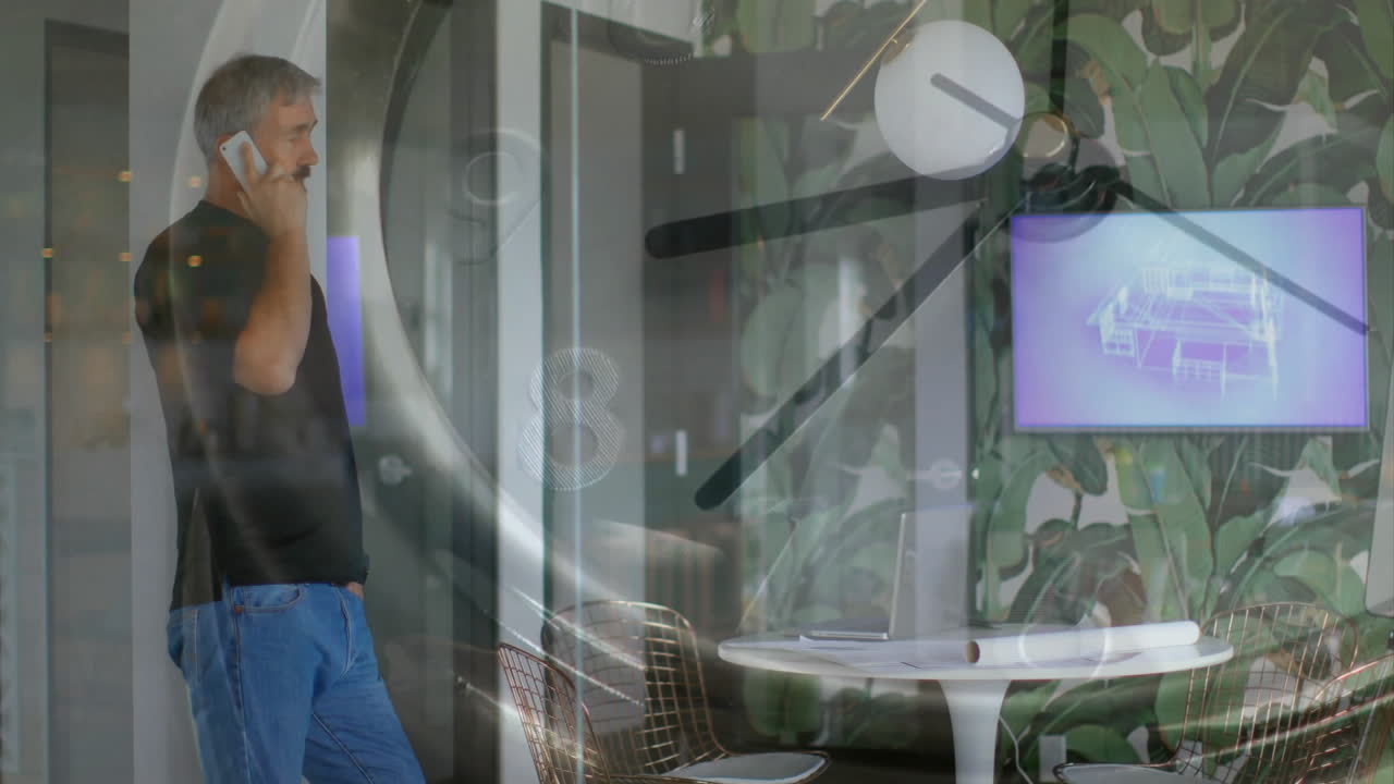 Man talking on phone in modern office with clock animation overlay