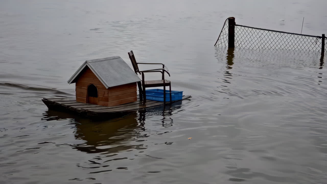 Dog House and Chair Floating on Floodwaters