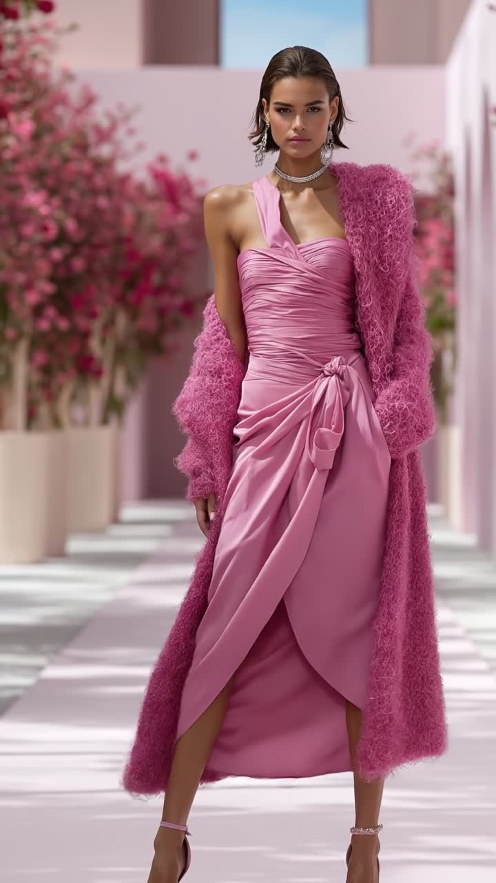 Modella glamour che sfila in passerella con abito rosa e cappotto peloso durante un evento di moda