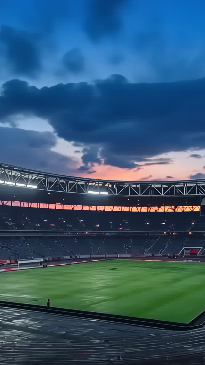 Vertical video: Crew retracting tarp uncovering green turf in stadium with floodlights switching on