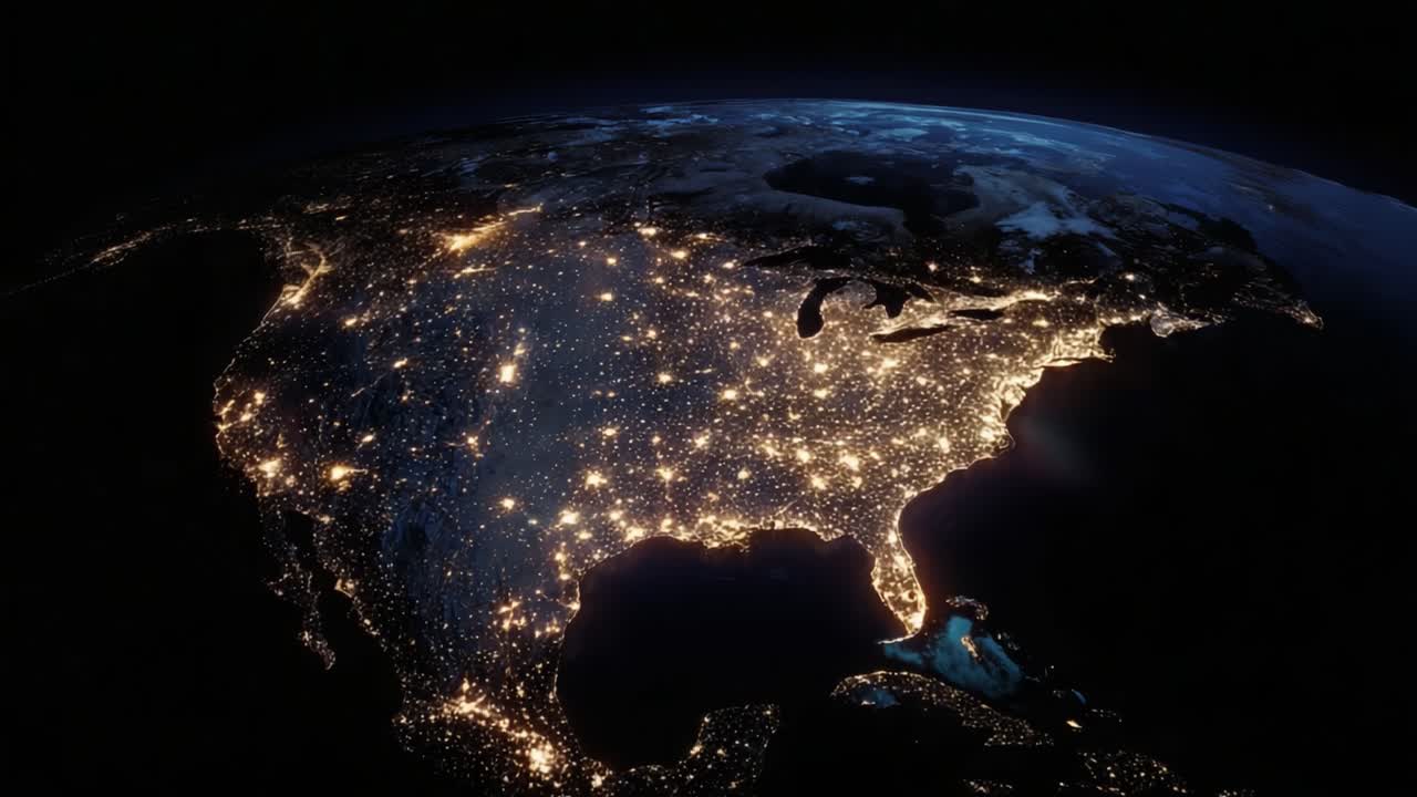 A Stunning View of North America Illuminated at Night: Aerial Perspective Showcasing the Sparkling Lights of Cities and Landscapes Beneath a Starry Sky