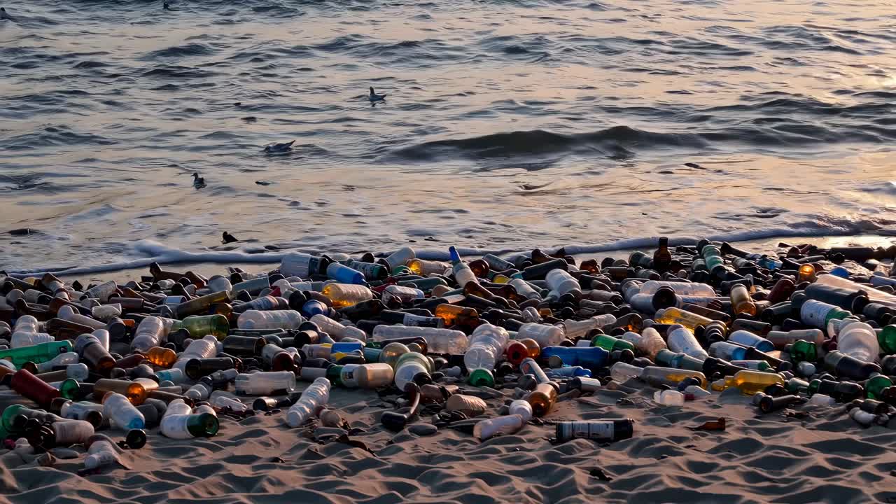 Foto grandangolare di una spiaggia cosparsa di bottiglie di plastica al tramonto, per catturare l'impatto ambientale